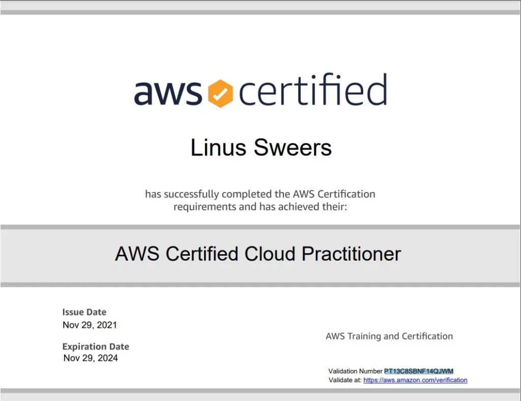 Linus Sweers AWS Certified Cloud Practitioner (CLF)