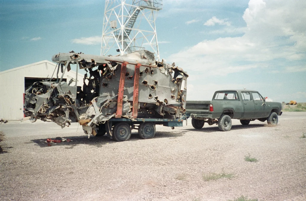 Vehicle used for F-16 target practice. Dugway Proving Grounds UT. Kodak CM 400 5079 colour negative film. Photographed 1987. Scanned 2022.