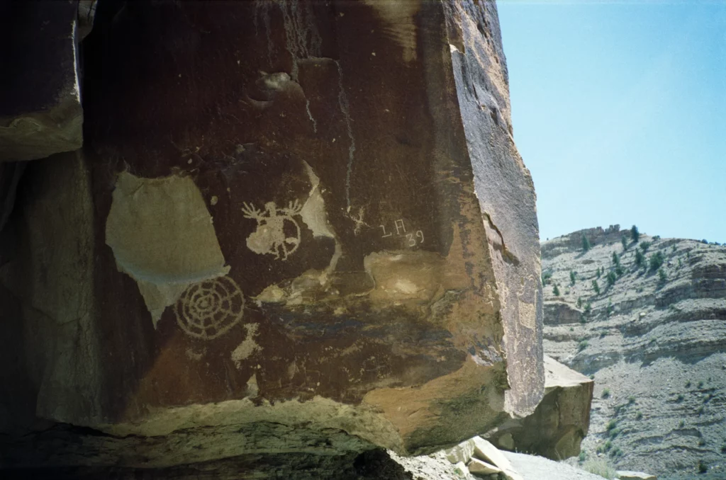 Bullseye Petroglyphs and Modern Inscription in Nine Mile Canyon Utah